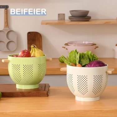 Металеве сито для пасти з дерев&39яною ручкою та стабільною основою, велике кухонне сито 22 см для пасти, овочів та фруктів, міцне кухонне сито (кремового кольору)