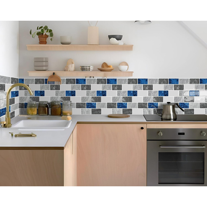 Мозаїчна плитка DEWOO 3D, наклейки на стіну, клейка плитка Metro, самоклеюча імітація плитки для кухні та ванної кімнати - штука, (30,5 x 30,5 см) (10, мармурово-синій)