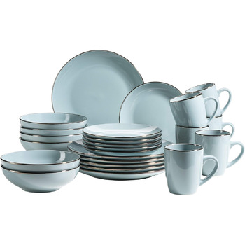 Набор современной посуды на 6 персон с ободком цвета латуни, S Combination Set с формами купе без ободка, керамогранит, (24 предмета, светло-голубой)