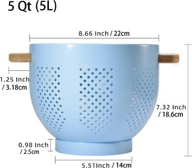 Металеве сито для пасти з дерев&39яною ручкою та стабільною основою, велике кухонне сито 22 см для пасти, овочів та фруктів, міцне кухонне сито (синє)