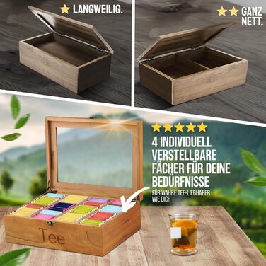 Чайна скринька преміум-класу NATURSCHMIED з вишневого дерева з 20 гнучкими відділеннями та оглядовим віконцем, (22,5x310 см) - посилені петлі міцна застібка - Елегантне сховище для чаю для справжніх любителів чаю, благородне вишневе дерево