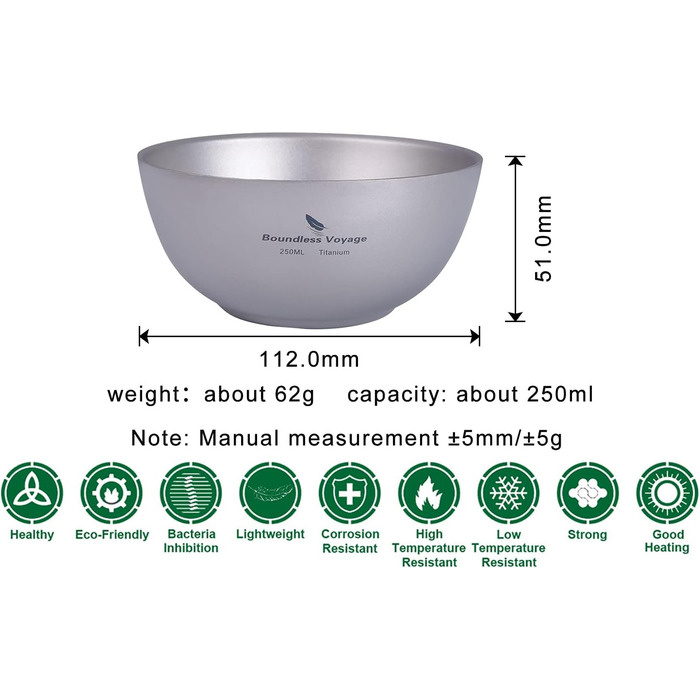 Безмежна подорож 250 мл 350 мл Титанова чаша з подвійними стінками Каструля Фруктово-овочева обідня миска для дому Кемпінг на свіжому повітрі Піші походи Пікнік (1 шт. 250 мл)