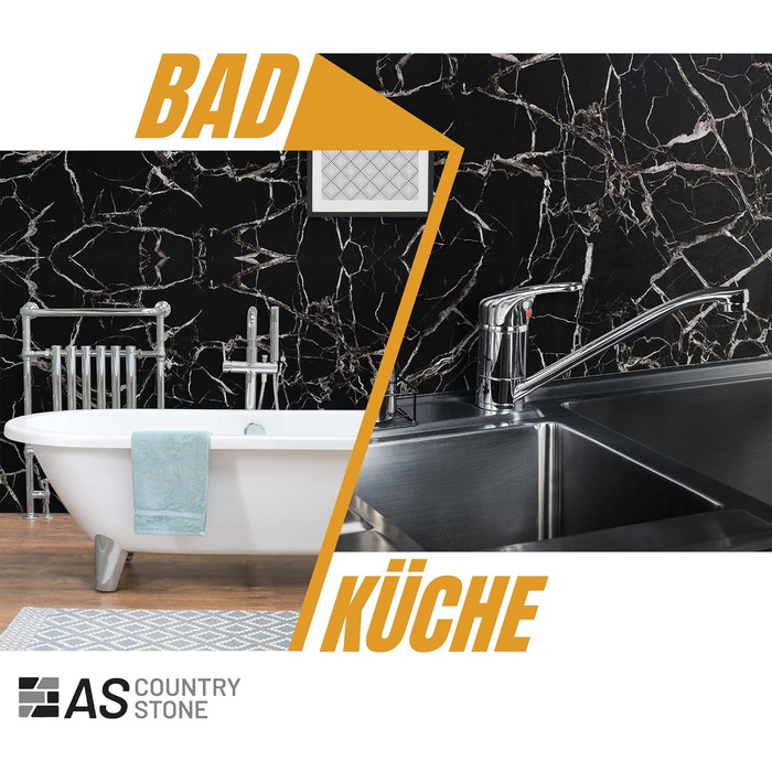 Стінові панелі AS Country Stone під мармур 60x120 см ПВХ-облицювання стіни з пластикових панелей для кухні, ванної кімнати тощо Панель кухонного фартуха (4 шт., чорно-білий колір)