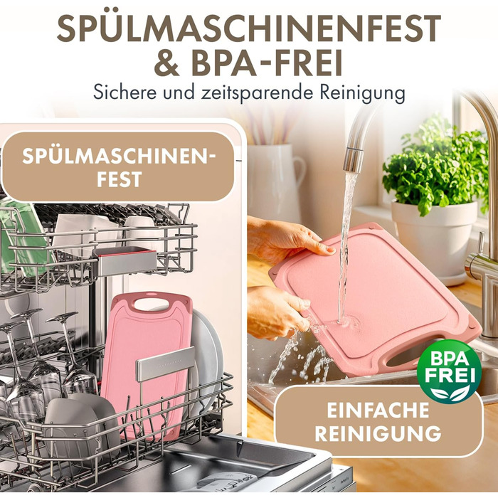 Набір обробних дощок Blumtal 3 розміри (S/M/L) - Велика пластикова обробна дошка з пазами для соку та ручкою - Міцна кухонна обробна дошка без BPA (рожевий колір, комплект з 3 предметів)