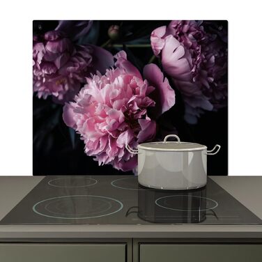 Фартух для плити, кухонний фартух, вініл, 78x52 см, декор для кухні, облицювання стіни, кришка для плити - сіро-чорна (квіти - рожеві, 52Д x 65Ш см)