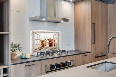 Панель кухонного фартуха, бризкозахисна панель, декор для кухні, алюмінієва панель, бризкозахисна панель для плити, альтернатива скляній панелі, чорна - з малюнком - суцільна - чорна - темна - (вид з вікна на шотландську високогірну худобу, 100x65 см)