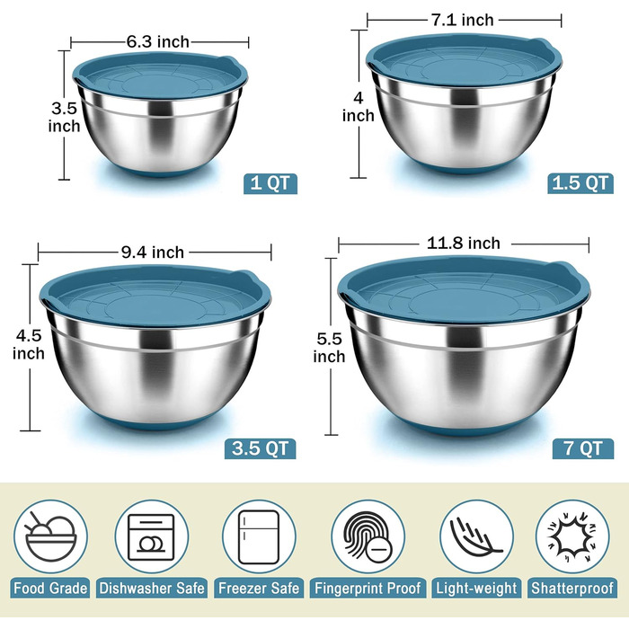 Миски для смешивания Herogo с герметичными крышками, набор из 4 шт. Миски для раскладки из нержавеющей стали с подходящими крышками и нескользящим силиконовым основанием, размер 4, 7, 3,5, 1,5, 4 больших металлических миски для смешивания, (синие)