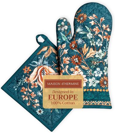 Рукавички для духовки, прихватки для каструль Maison d&39 Hermine, 100 бавовна, термостійкі кухонні рукавички, рукавички для духовки (19 x 33 см) та прихватки для каструль (20 x 20 см) для приготування їжі, Morzine - Рукавички для духовки (19 x 33 см) та