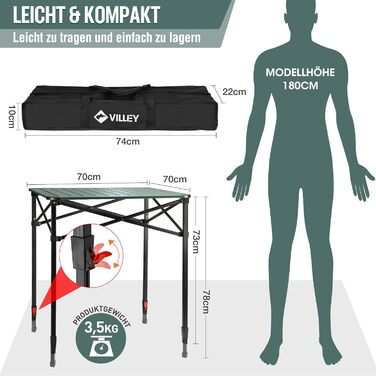 Алюминиевый раскладной стол 70 х 70 х 78 см VILLEY