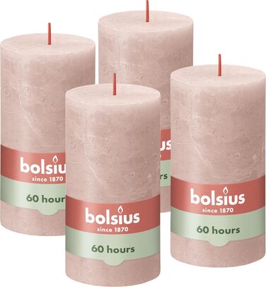 Свічки Bolsius Rustic Pillar - Оливково-зелені - Набір з 4 шт. - Декоративні побутові свічки - Час горіння 60 годин - Без запаху - Натуральний рослинний віск - Без пальмової олії - Оливково-зелені (13 x 7 см, світло-рожеві)