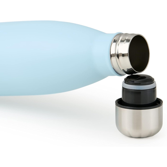 Пляшка для води Blumtal з нержавіючої сталі - Герметична ізольована пляшка - Пляшка для води без бісфенолу А для гарячих та холодних напоїв - Двостінна ізольована пляшка - Ізоляційна пляшка, стійка до іржі, дерево/срібло (04 - Світло-блакитний, 350 мл)