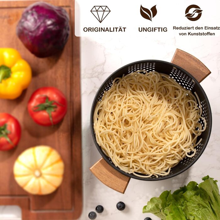 Металеве сито для пасти з дерев&39яною ручкою та стабільною основою, велике кухонне сито 22 см для пасти, овочів та фруктів, міцне кухонне сито (матово-чорне)