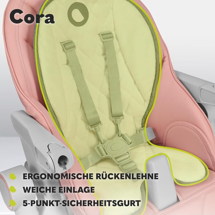 Стільчик для годування LIONELO Cora, регульований стільчик для годування, знімний піднос, нековзний, від 6 до 36 місяців, 5-точковий ремінь безпеки, максимальне навантаження 15 кг (рожевий, стандартний)