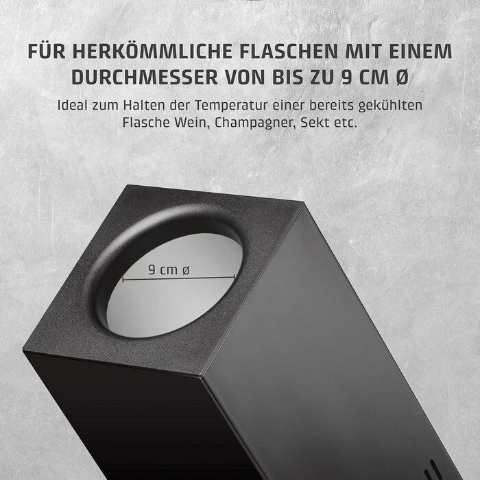 Охолоджувач для вина, розрахований на одну пляшку, з температурним режимом 5-18C, для пляшок діаметром до 9 см, сенсорне керування, корпус з нержавіючої сталі чорного кольору.