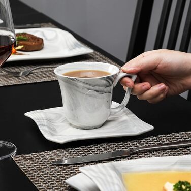 Серія Amparo, 30 шт. Вершково-білий порцеляновий столовий сервіз з кавовим сервізом, десертна тарілка, супова тарілка та плоска тарілка на 6 персон (60 шт. (сервіз для 12 осіб), Amparo - мармурово-сірий)