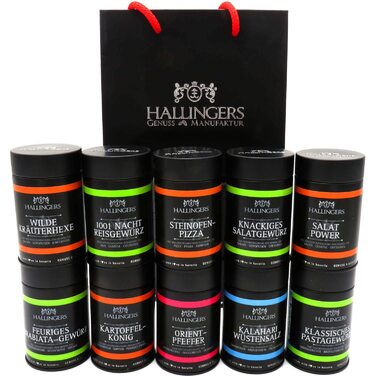 Класичний набір спецій Hallingers - 1 - Подарунковий набір спецій ручної роботи, 12 спецій з усього світу (Набір) - Літній подарунок та ідеальний подарунок для барбекю Подарунок для нової домівки "Вітання та дружба" Класичні спеції., 12 спецій (73
