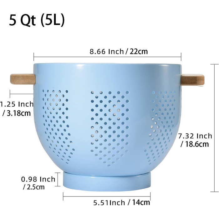 Металеве сито для пасти з дерев&39яною ручкою та стабільною основою, велике кухонне сито 22 см для пасти, овочів та фруктів, міцне кухонне сито (синє)
