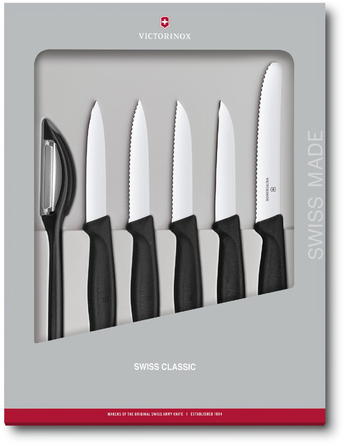 Кухонный гарнитур Victorinox SwissClassic Paring Set 6шт с черным. Ручка (5 ножей, овощечистка) в подарочной упаковке.