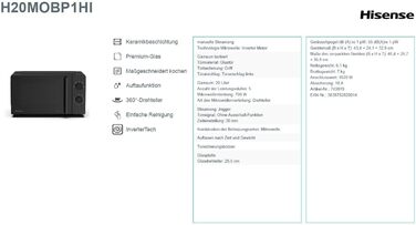 Мікрохвильова піч Hisense H20MOBP1HI / 20 л / 700 Вт / InverterTech / Керамічне покриття / Преміальне скло / Виготовлено на замовлення, багатофазне приготування / Функція розморожування / 5 рівнів потужності / Блокування від дітей / Чорна 20 л Аналогове к