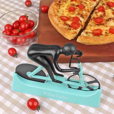 Резак для пиццы в виде велосипедиста с подставкой, сине-зеленый KUONIIY