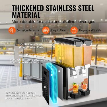 Профессиональный диспенсер для напитков с резервуарами 2 x 10 л 270 Вт VEVOR