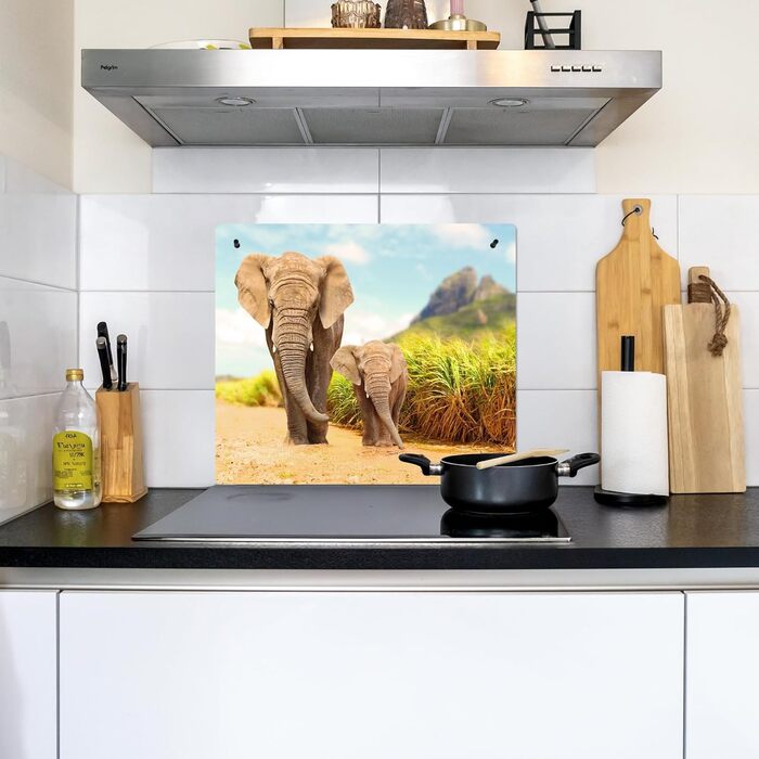 Фартух для плити, кухонний фартух, вініл, 78x52 см, декор для кухні, облицювання стіни, кришка для плити - сіро-чорна (слони - тварини, 52Д x 60Ш см)