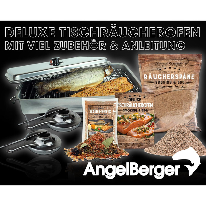 Коптильня Angel-Berger Deluxe з аксесуарами, коптильня з нержавіючої сталі з коптильним борошном, інструкції з копчення, набір для копчення
