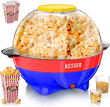 Велика машина для попкорну KESSER 800 Вт Машина для попкорну об&39ємом 5,5 л з кришкою з антипригарним покриттям та сервірувальною мискою для олії, масла, цукру, тиха та швидка, включаючи мірну чашку та чашку для попкорну, знімна нагрівальна поверхня (син