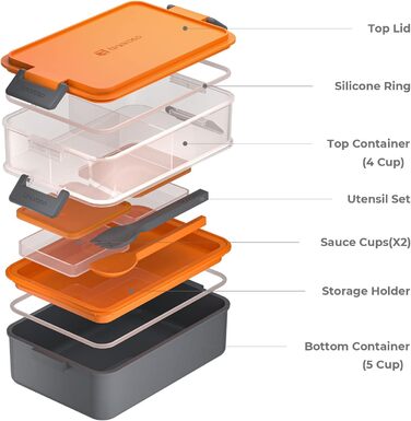 Ланчбокс Linoroso Ланч-бокс для дорослих з 3 відділеннями Bento Box з контейнером для соусу та посудом Ланч-бокс для мікрохвильової печі та посудомийної машини Пластик без бісфенолу А Як коробка для сніданку Коробка для салату - (Помаранчевий)