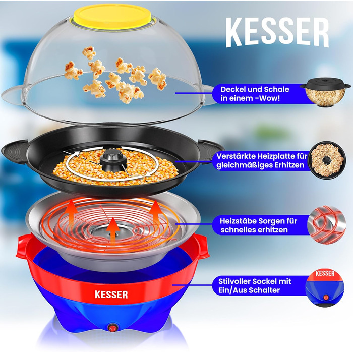 Велика машина для попкорну KESSER 800 Вт Машина для попкорну об&39ємом 5,5 л з кришкою з антипригарним покриттям та сервірувальною мискою для олії, масла, цукру, тиха та швидка, включаючи мірну чашку та чашку для попкорну, знімна нагрівальна поверхня (син
