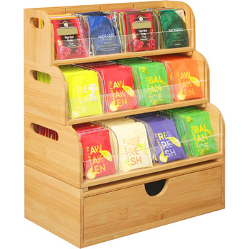 Шаровий органайзер для чайних пакетиків з бамбука з 3 полицями, що штабелюються, та 1 шухлядою, попередньо зібрана коробка для зберігання чайних пакетиків, кавових капсул, підсолоджувачів, спецій на кухні чи в офісі, 4- Шаровий органайзер для чайних пакетиків з бамбука з 3 полицями, що штабелюються, та 1 шухлядою, попередньо зібрана коробка для зберігання чайних пакетиків, кавових капсул, підсолоджувачів, спецій на кухні чи в офісі, 4-