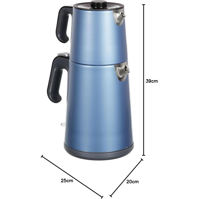 Електричний турецький чайник, 2200 Вт, чайник 3,5 л, скляний чайник 1,2 л, нержавіюча сталь, інтелектуальний контроль температури, захист від кипіння (39 см x 25 см x 20 см, колір Ocean Blue)