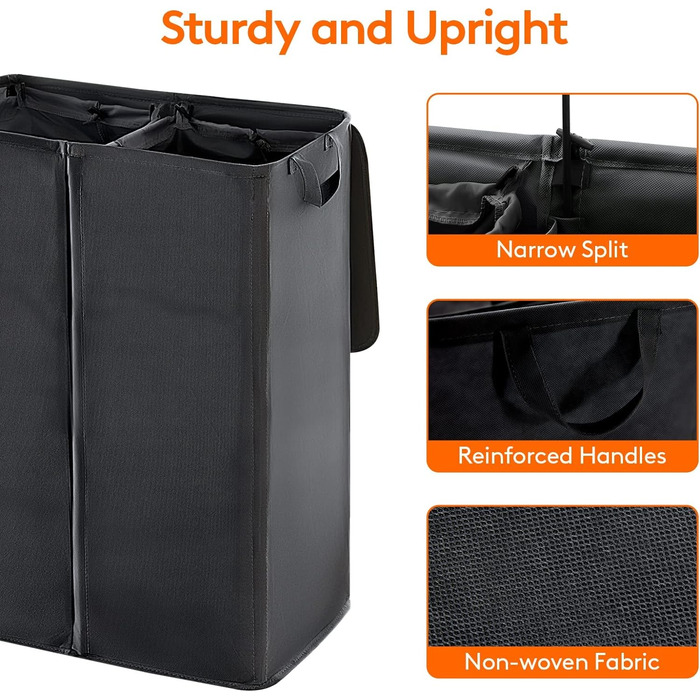 Корзина для белья Lifewit с крышкой 2 отделения, сборник для белья с 2 семными мешками для белья, складные корзины для белья Корзины для белья Ящик для белья Тканевые корзины для белья для спальни в ванной комнате, (160 л, черный)
