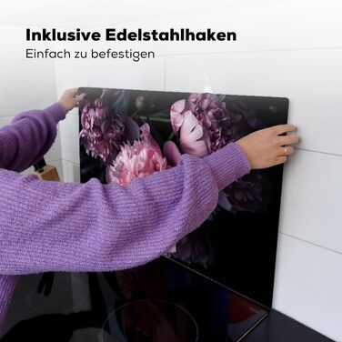 Фартух для плити, кухонний фартух, вініл, 78x52 см, декор для кухні, облицювання стіни, кришка для плити - сіро-чорна (квіти - рожеві, 52Д x 81,2Ш см)