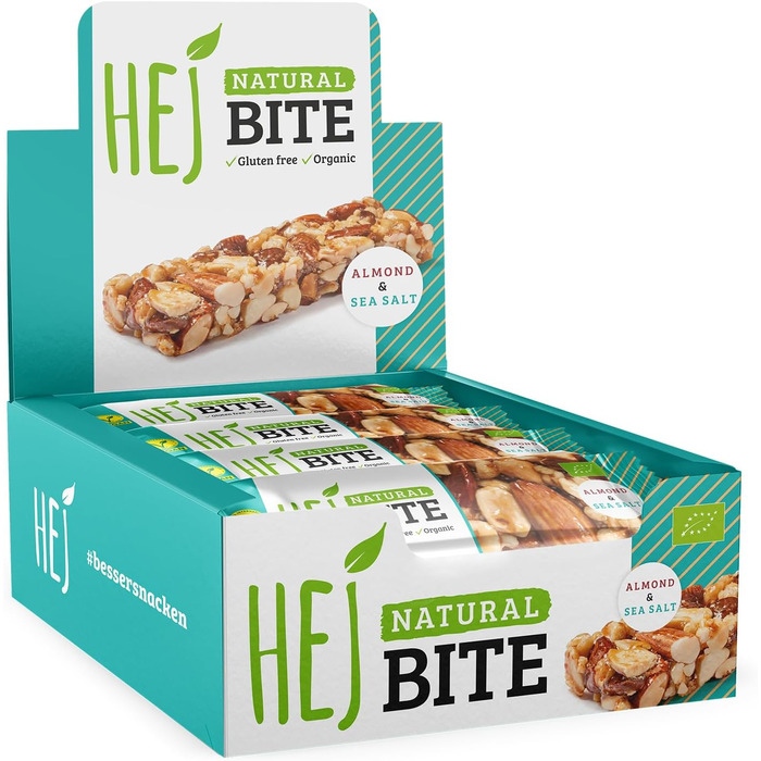 Органічні горіхові батончики HEJ Bite - Низьковуглеводна закуска з горіхами - Веганський енергетичний батончик з мигдалем, фундуком та арахісом - Без глютену - Мигдаль та морська сіль 12 x 40 г Мигдаль та морська сіль 12 шт. (упаковка з 1)