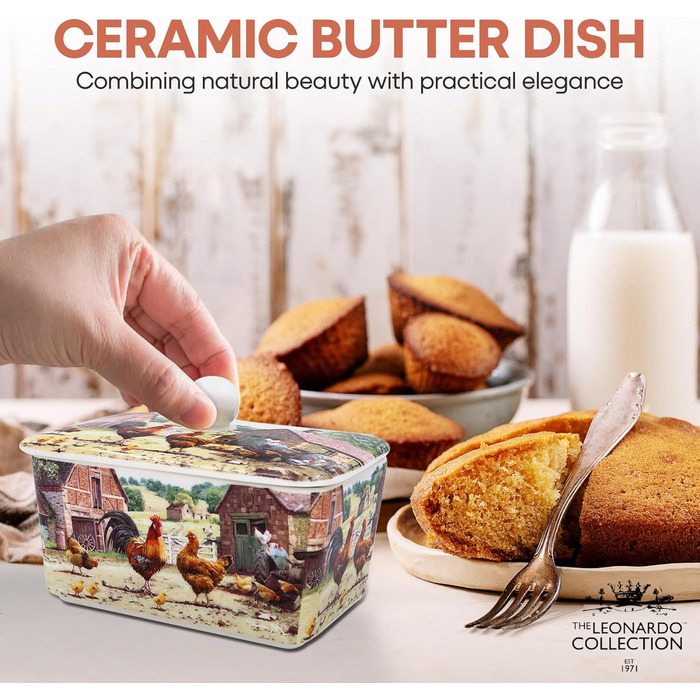 Маслянка з кришкою, китайська кераміка, з гарними акварельними мотивами, розроблена галереєю Дженніфер Роуз для Busy Bee (Півень і Курка)