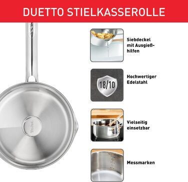 Каструля Tefal Duetto A70542 виготовлена з високоякісної нержавіючої сталі 18/10, градуйована, з кришкою, підходить для всіх типів плит, включаючи індукційні (Guisera 16 см)
