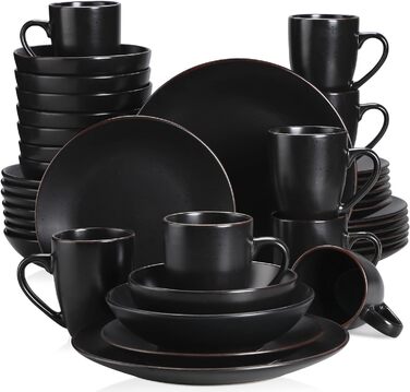 Столовый сервиз из керамогранита, набор посуды vancasso MODA, винтажный вид, комбинированный сервиз из 40 предметов с 8 тарелками, тарелками для тортов, суповыми тарелками, мисками и чашками каждая (черный, 40 шт.)
