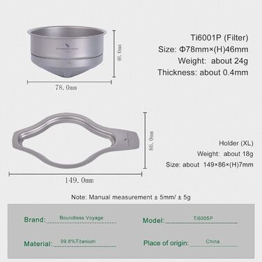 Безмежна подорож Титановий кавовий сітчастий фільтр Pour Over Безпаперовий повільний крапельний фільтр для кави Багаторазова крапельниця для кави для кемпінгу на відкритому повітрі Ti6001P (підставка для фільтра та фільтра (xl))