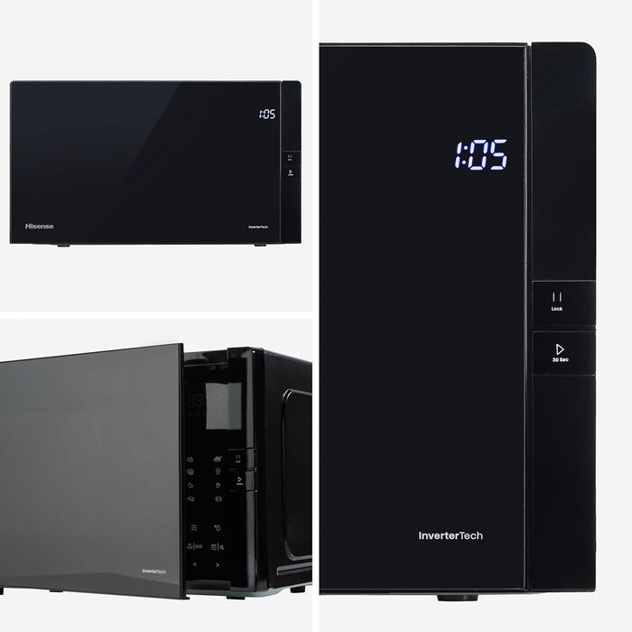 Мікрохвильова піч Hisense H20MOBP1HI / 700 Вт / InverterTech / Керамічне покриття / Преміальне скло / Виготовлена на замовлення, багатофазне приготування / Функція розморожування / 5 рівнів потужності / Блокування від дітей / Чорна (25 л, цифрове керуванн