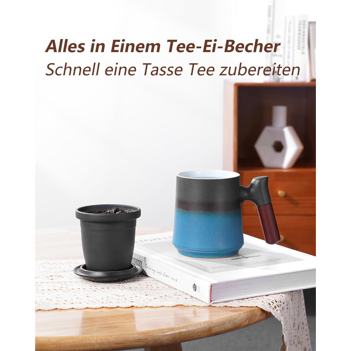 Чайна кружка з кришкою і ситечком, 500 мл велика дерев'яна кружка з градієнтним рельєфним візерунком, матові керамічні чашки з ситечком для чайних подарунків, чорно-зелені (01-чорно-сині)