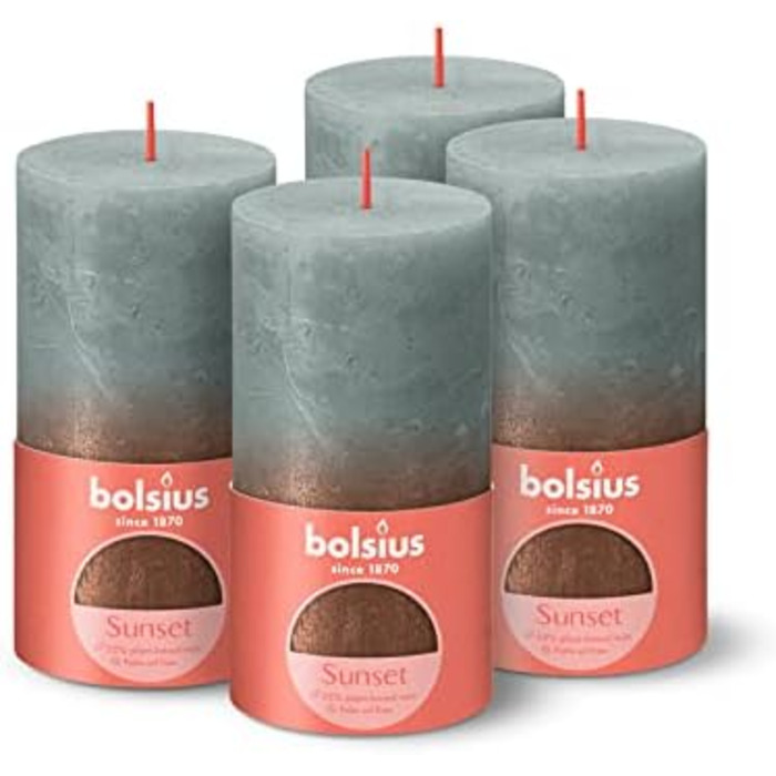 Свічки Bolsius Rustic Pillar - Металеві, що згасають - Рожеві та червоні - Упаковка з 4 шт. - Тривалий час горіння 60 годин - Без запаху - Містить натуральний рослинний віск - Без пальмової олії - 13 x 7 см (13 x 6,8 см, зелені та мідні)