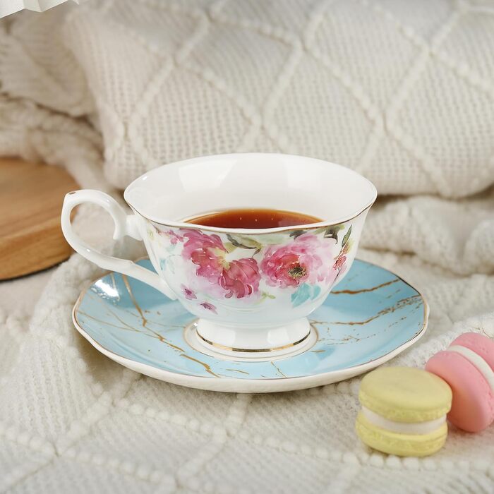 Чайні чашки з блюдцями fanquare з квітковим візерунком, набір з 6 шт. , різноманітні пастельні квіткові порцелянові кавові чашки з золотим обідком, придатні для миття в посудомийній машині та заморожування (рожеві та зелені)