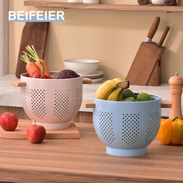 Металеве сито для пасти з дерев&39яною ручкою та стабільною основою, велике кухонне сито 22 см для пасти, овочів та фруктів, міцне кухонне сито (синє)