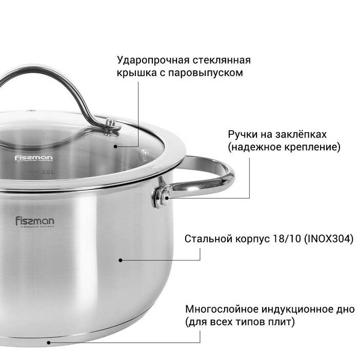 Кастрюля Fissman VALERY 20x10 см/3.1 л со стеклянной крышкой (5413)