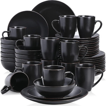 Столовый сервиз из керамогранита, набор посуды vancasso MODA, винтажный внешний вид, комбинированный сервиз из 40 предметов с 8 тарелками, тарелками для тортов, суповыми тарелками, мисками и чашками каждая (черный, набор посуды 48 шт.)