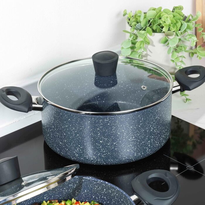 Каструля Russell Hobbs RH00845EU з антипригарним покриттям - 18 см/2 л з кришкою із загартованого скла, індукційна каструля, каструля для овочів/бульйону з бакелітовою ручкою та термостійким зовнішнім покриттям, камінь Nightfall (4,5 літра)