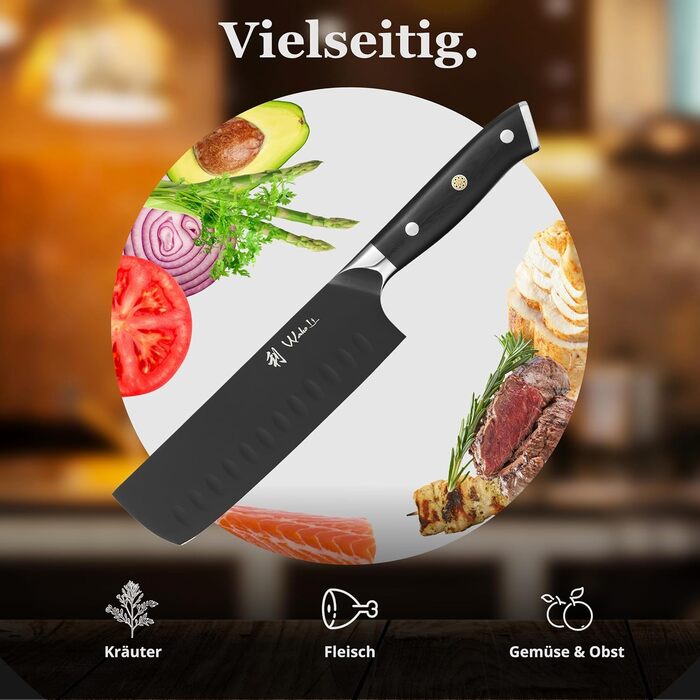 Набор ножей Wakoli Titanium Noir (5 предметов) в магнитном блоке профессиональный кухонный набор с лезвиями из нержавеющей стали (12,521 см), черным покрытием, включая нож Накири