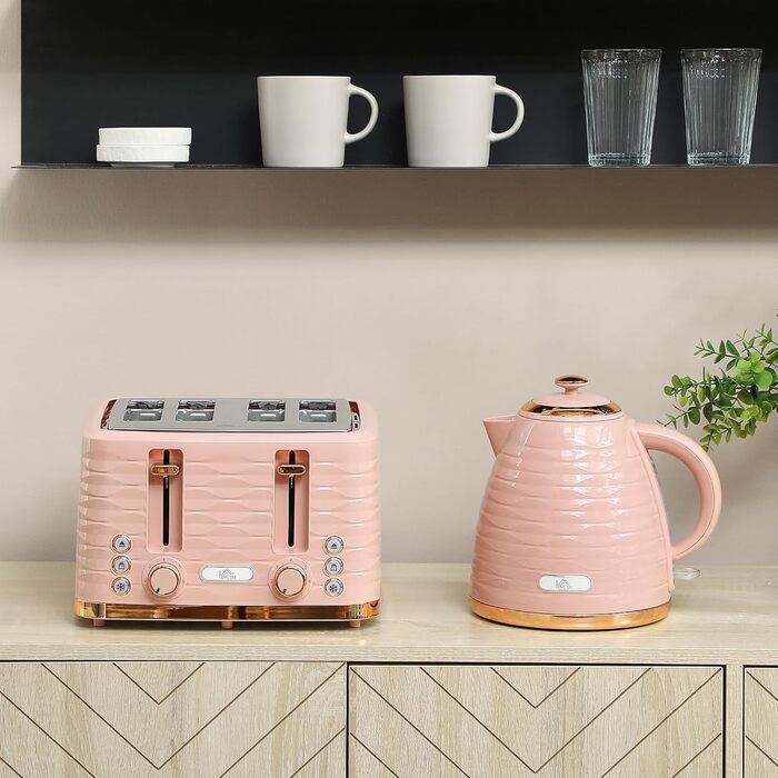 Набір для сніданку HOMCOM Kettle Toaster Set з чайником 1,7 л, тостером на 4 скибочки, 2200 Вт, 7 рівнів підрум&39янення, розморожуванням, розігрівом та лотком для крихт, термостатом Otter, кремово-білим (рожевим)