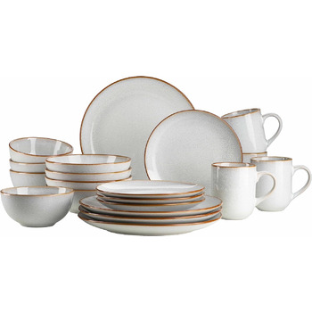 Винтажный набор посуды на 4 персоны, комбинированный сервиз из 20 предметов с изысканной реактивной глазурью и тонким коричневым ободком, керамогранит, серо-бежевый
